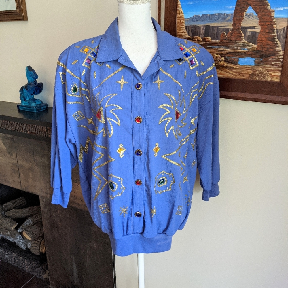 80s Funky Gold Colorful Beaded Button Top Purple Blue Womens Large ShortSLV 182 - Picture 1 of 6